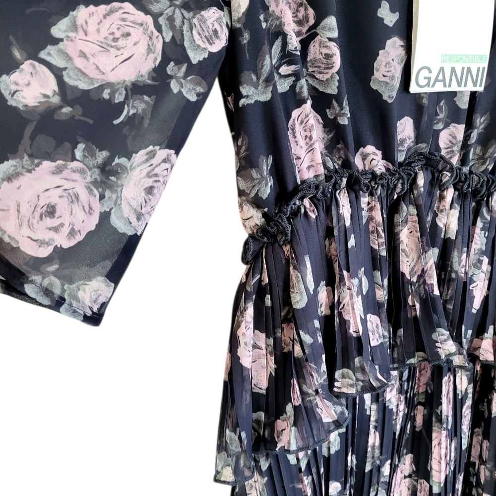 NWT GANNI Pleated Georgette V Neck Flounce Mini Dress In Phantom Floral Size 0 - Picture 6 of 14